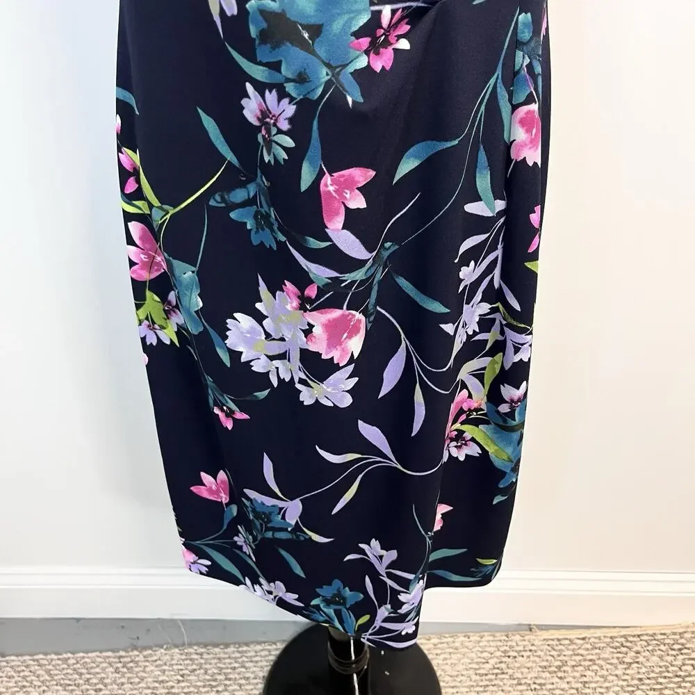 Connect Apparel Dress size 14 Navy Blue Pink Floral Stretch Knee Wedding Church - Picture 6 of 10